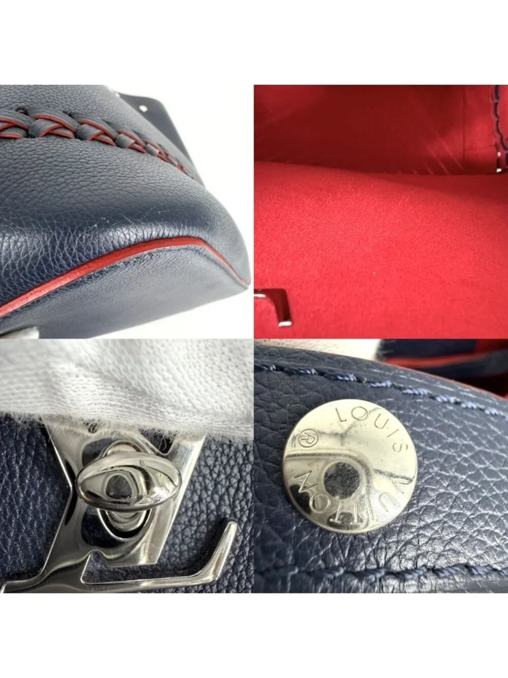 Louis Vuitton Shoulder Bag Lockme Bucket Crossbody Leather Navy Red Silver